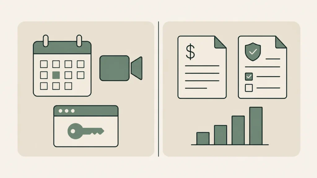 Two panels contrast scheduling and client access with billing and reporting for a therapy EHR comparison.