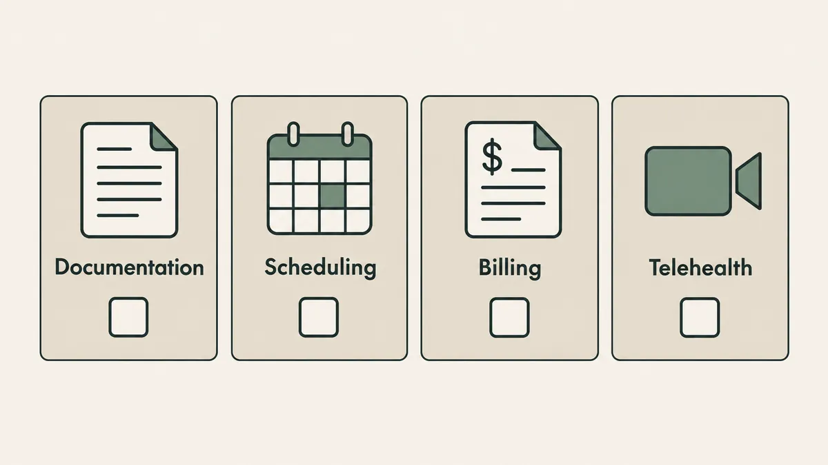 Documentation, scheduling, billing and telehealth panels show core criteria for comparing therapy EHR platforms.