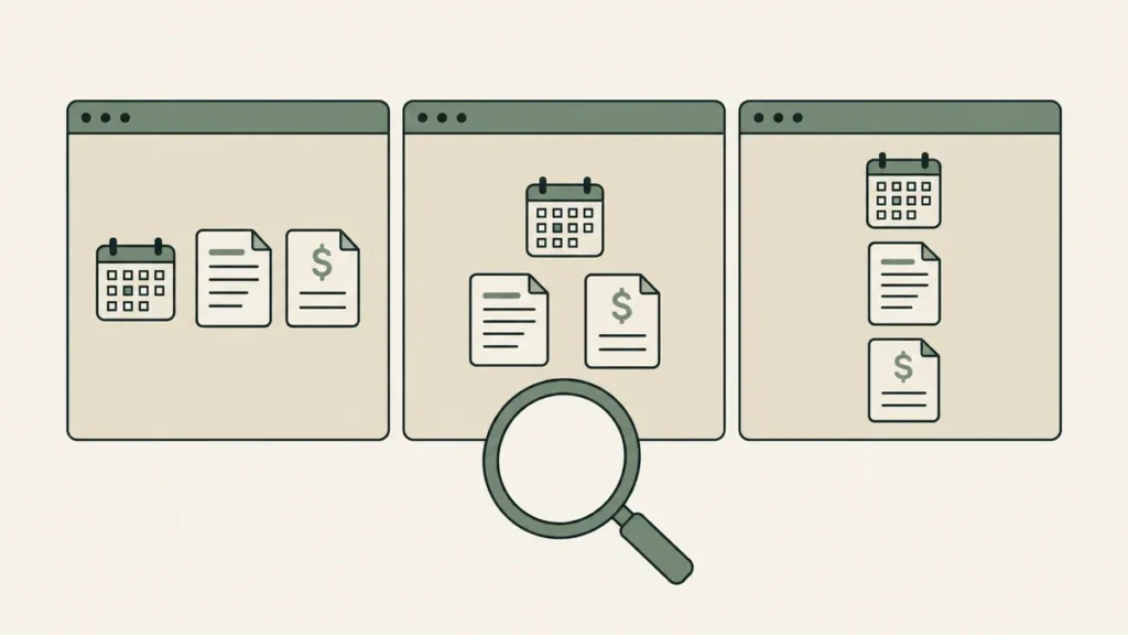 Three software panels and a magnifying glass illustrate comparing scheduling, notes and billing in therapy EHRs.