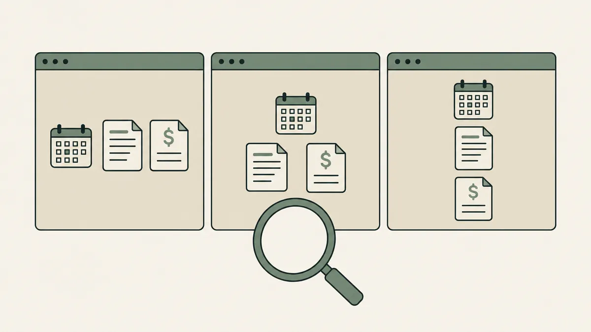 Three software panels and a magnifying glass illustrate comparing scheduling, notes and billing in therapy EHRs.
