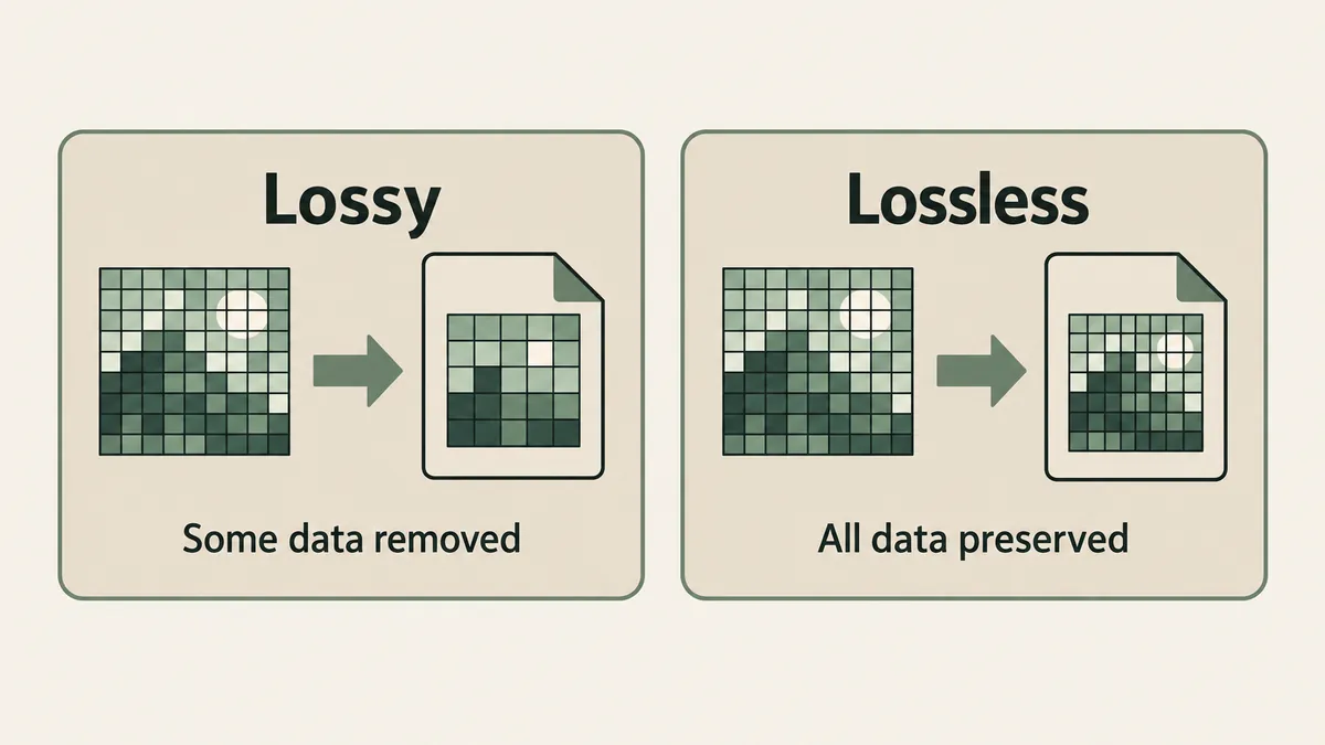 Two panels compare data removal in lossy compression with data preservation in lossless website image compression.