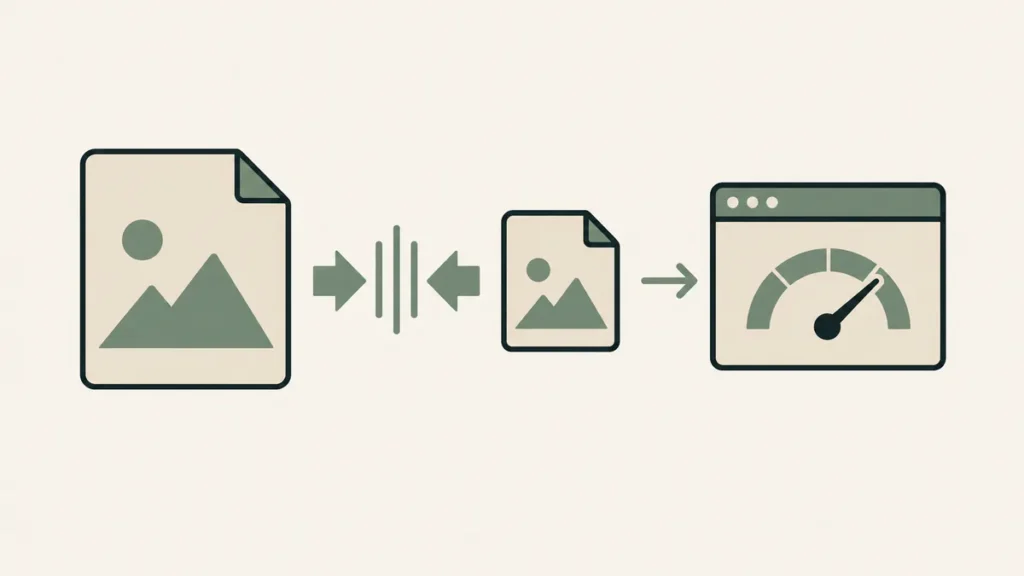 Large image file compresses into a smaller file beside a speed gauge, illustrating website image optimization.