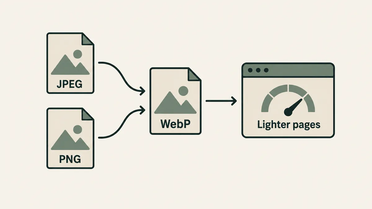 JPEG and PNG files convert to WebP beside a browser speed gauge, illustrating lighter website image delivery.