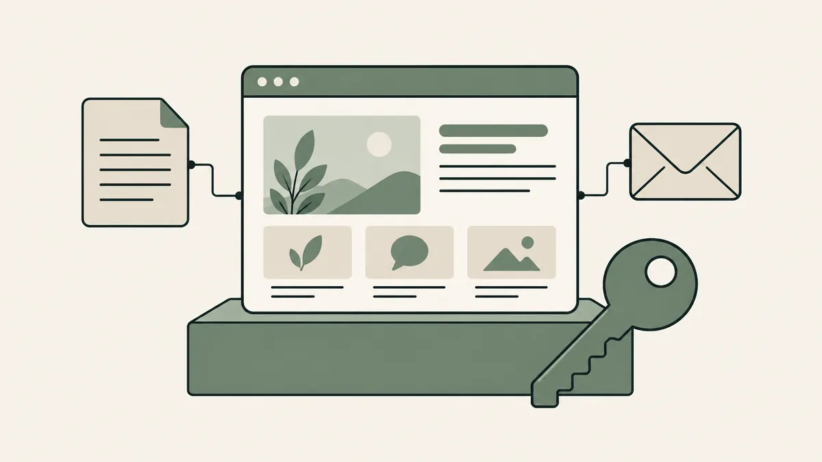 A website on a foundation connects to content and email beside a key, illustrating ownership of a therapy practice website.