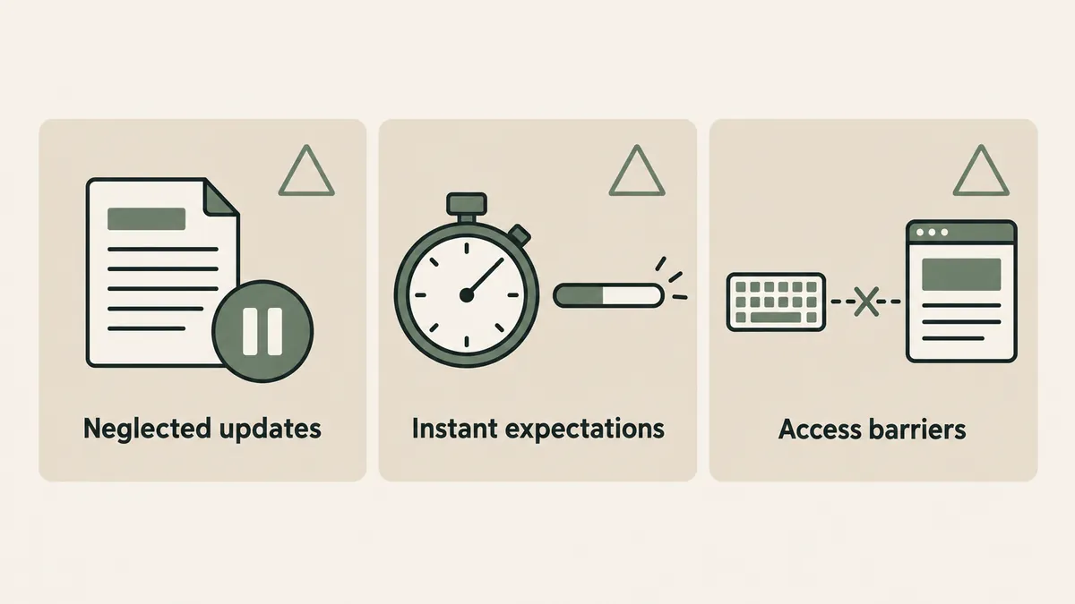 A paused page, stopwatch and blocked keyboard path show neglected updates, rushed expectations and access barriers in SEO.