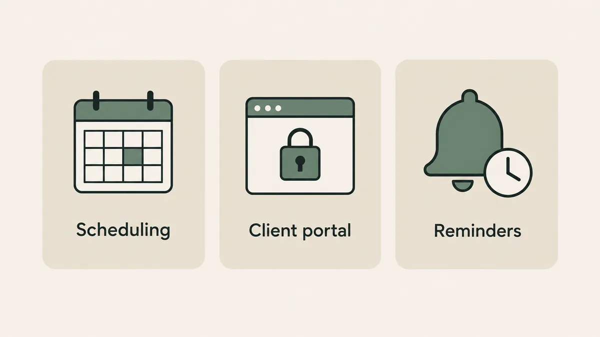 A calendar, locked portal and reminder bell show key features to compare in therapist website builders.
