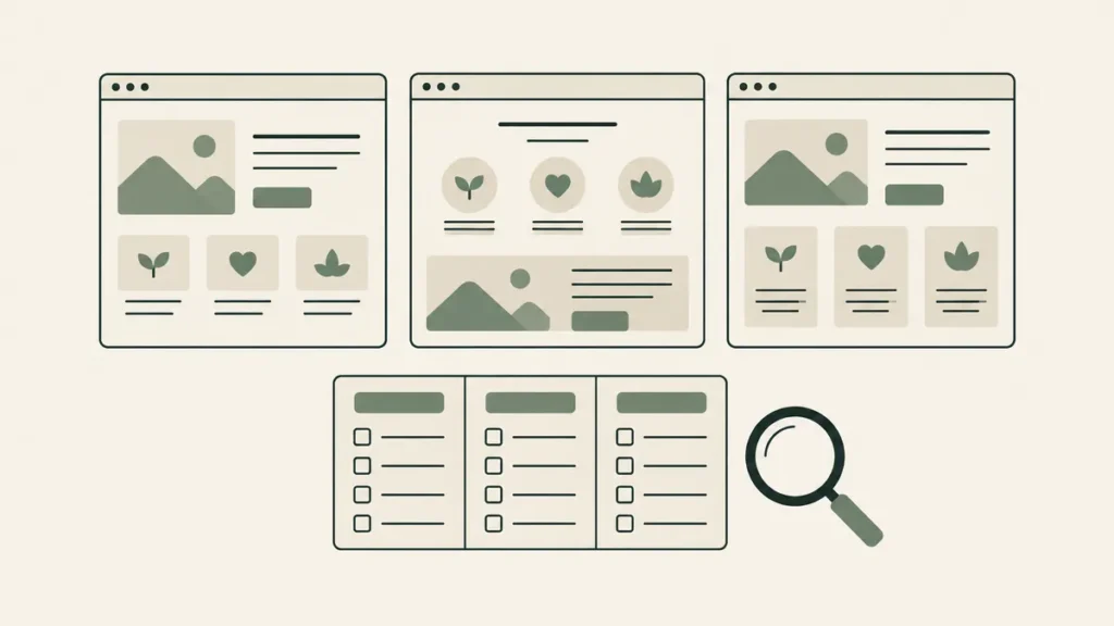 Three website layouts sit above a comparison checklist and magnifying glass for evaluating therapist website builders.