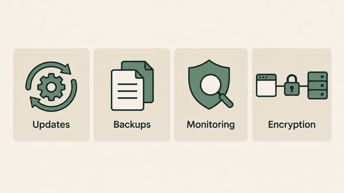 Update arrows, backup files, a monitored shield and an encrypted link show therapist website security tasks.