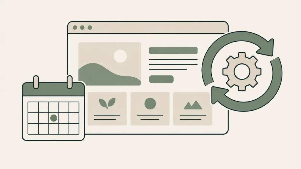 A calendar and circular arrows around a gear accompany a webpage, illustrating recurring therapist website maintenance.