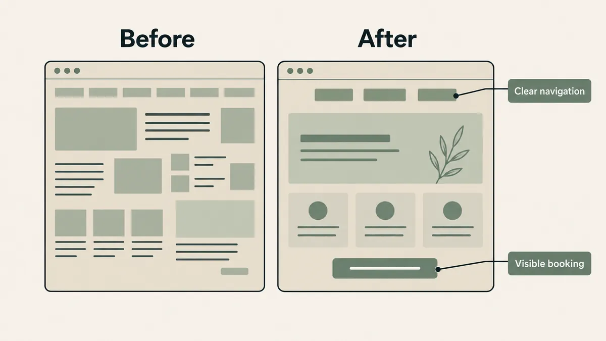 Before-and-after webpages show clearer navigation and a prominent booking button through therapist website upkeep.