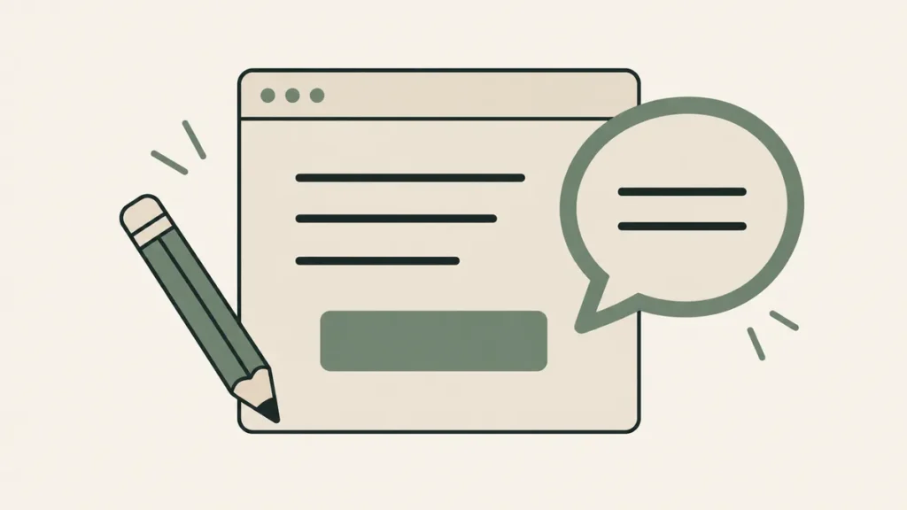 A pencil and speech bubble frame a simple webpage, illustrating clear messaging for a therapist website.
