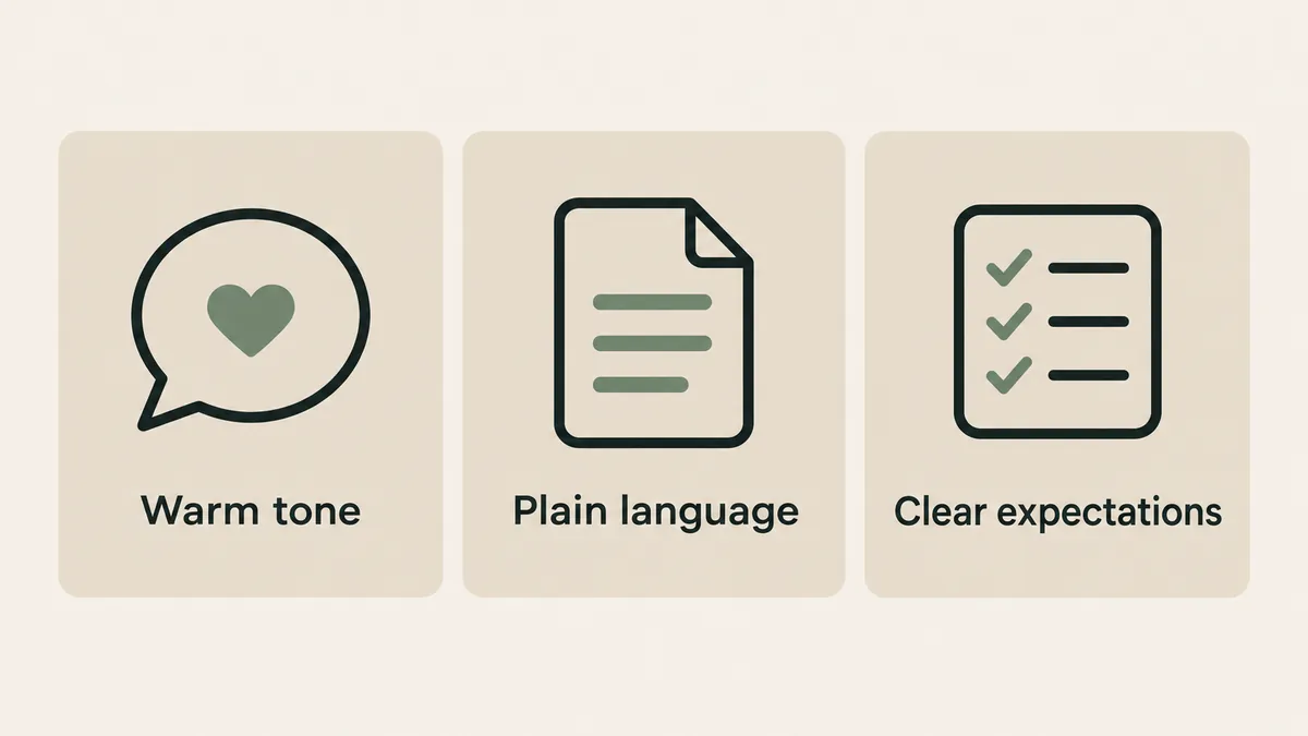A heart speech bubble, document and checklist show warm, clear messaging that builds trust on therapist websites.