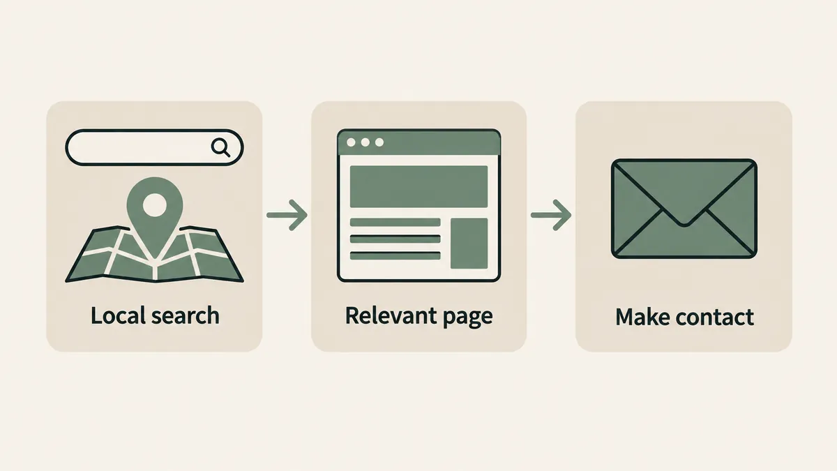 Local search leads to a relevant webpage and contact envelope, illustrating how SEO connects clients with therapists.