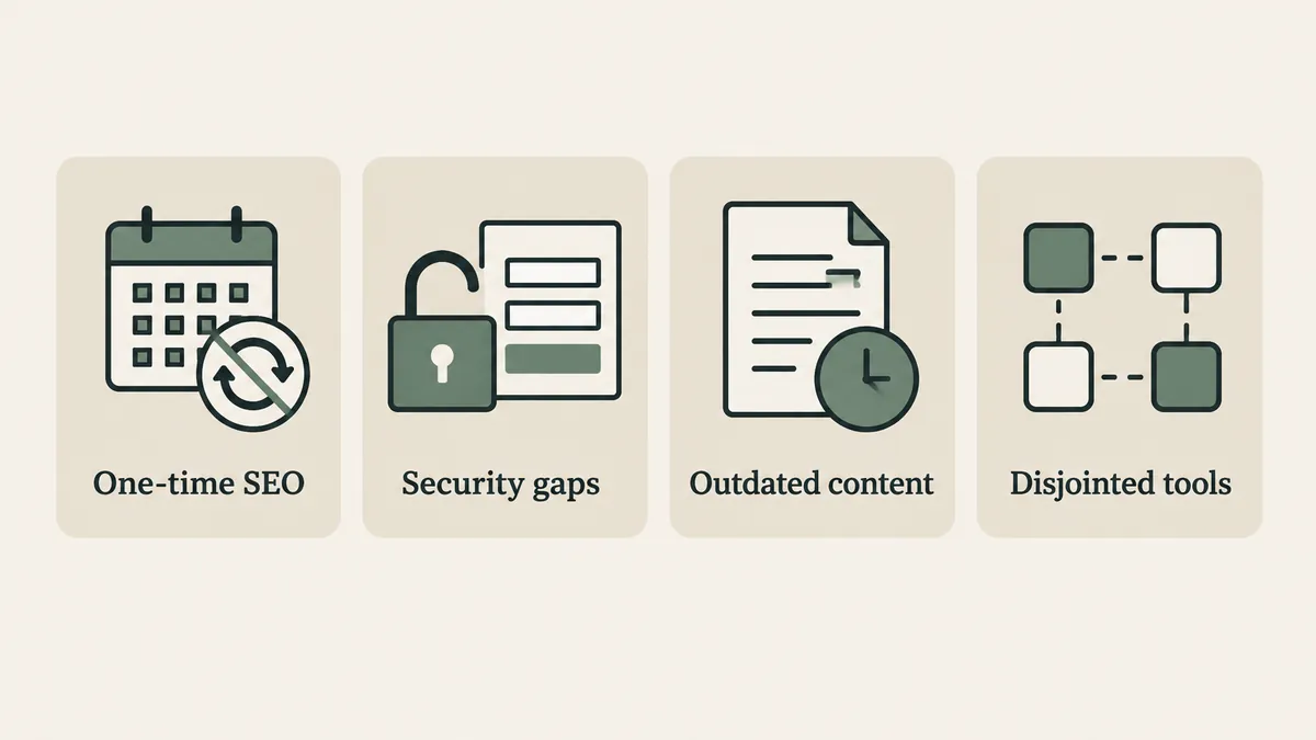Stopped updates, an open lock, aging content and disconnected tools illustrate common therapist website SEO pitfalls.