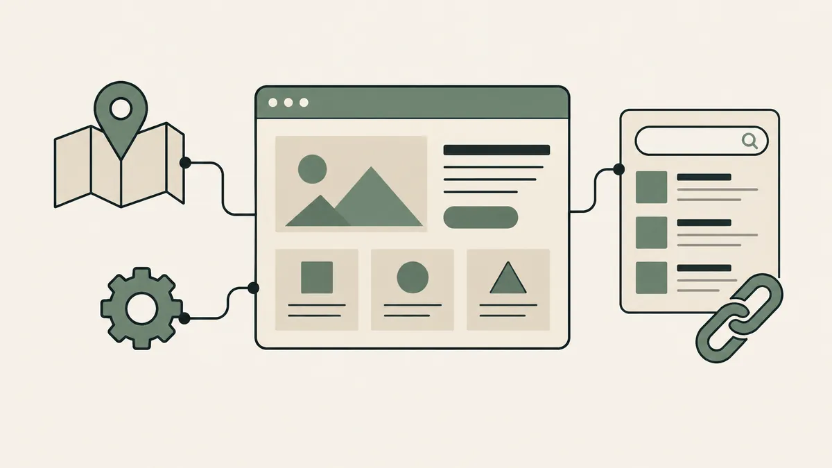A website connects to a map pin, gear and linked search results, illustrating therapist website SEO optimization.
