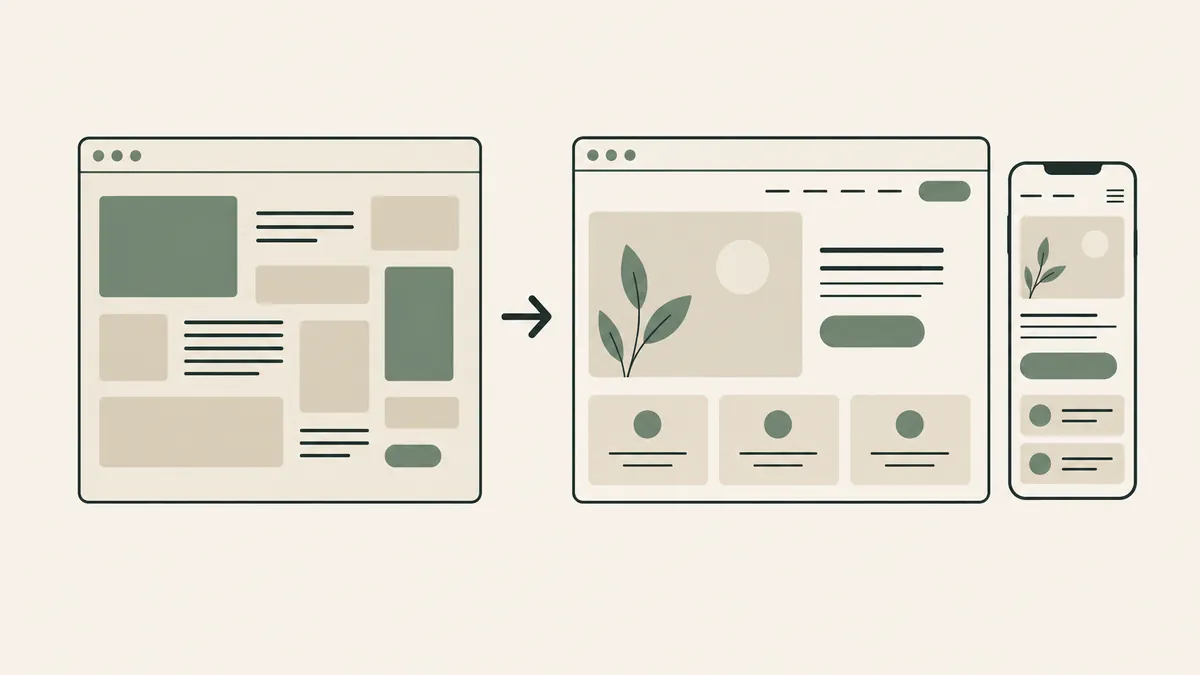 A crowded page becomes a clear desktop and mobile layout, illustrating a therapist website redesign.