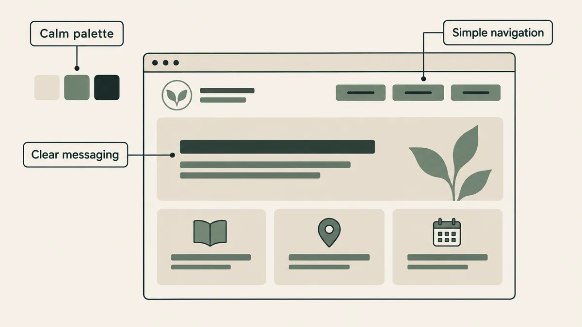 A website diagram highlights calming colors, simple navigation and clear messaging in therapy website design.