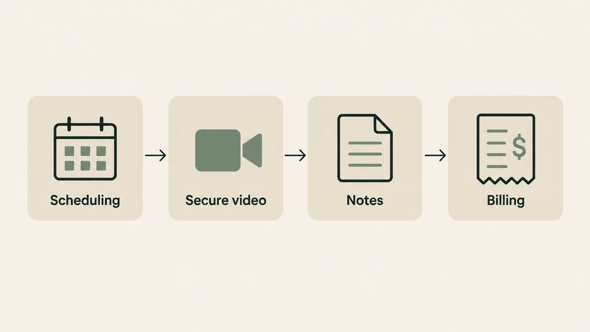 Scheduling, secure video, notes and billing cards show the core features of integrated telehealth EHR