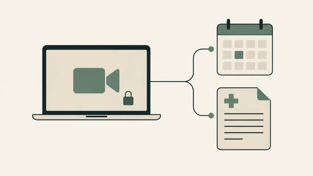 A secure video laptop connects to a calendar and clinical notes for integrated therapy telehealth software
