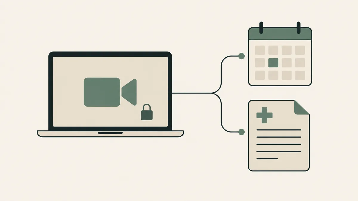 A secure video laptop connects to a calendar and clinical notes for integrated therapy telehealth software