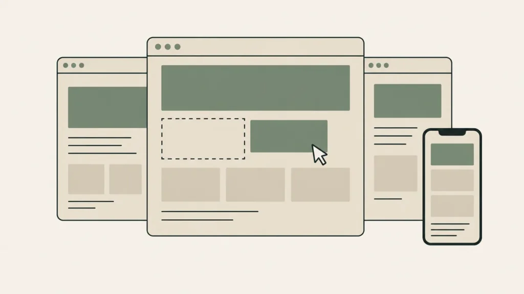 Browser layouts with movable blocks and a matching phone illustrate website builders for therapists