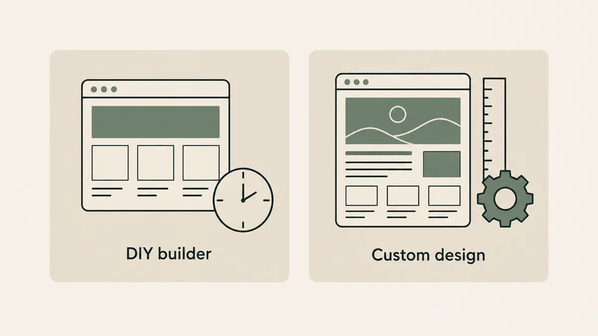 A template and clock beside a tailored page and design tools compare DIY and custom therapist websites