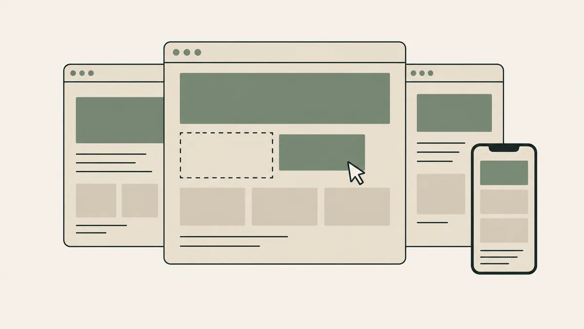 Browser layouts with movable blocks and a matching phone illustrate website builders for therapists