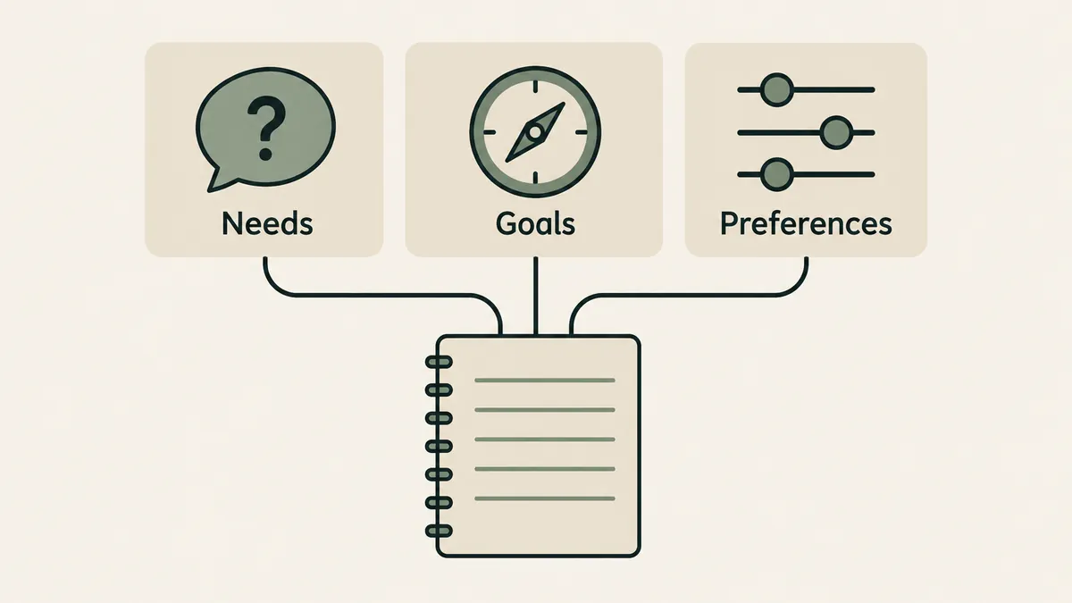 Needs, goals and preferences connect to a planning notebook, showing how to understand a therapy practice audience.