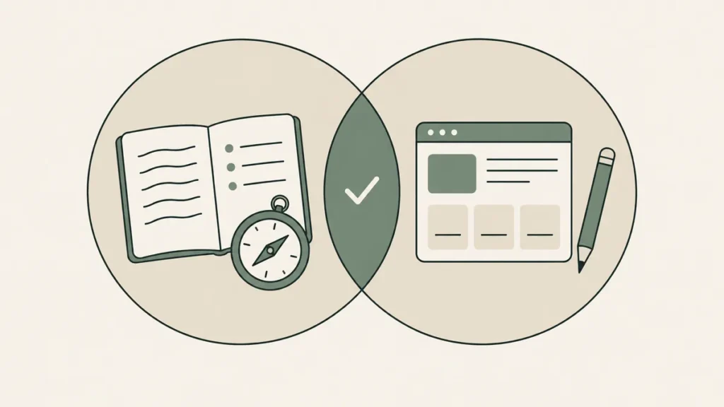 Overlapping circles align a needs notebook with a practice webpage, showing the fit between therapy clients and services.
