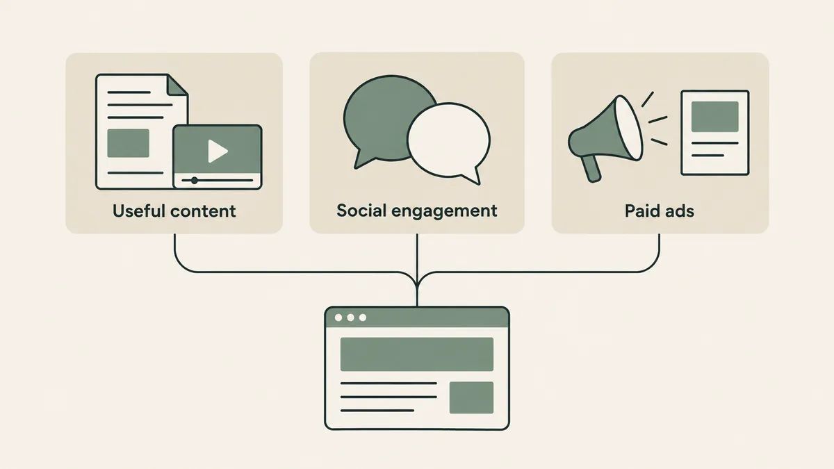 Content, social engagement and paid ads connect to a website, showing marketing channels for a therapy practice.
