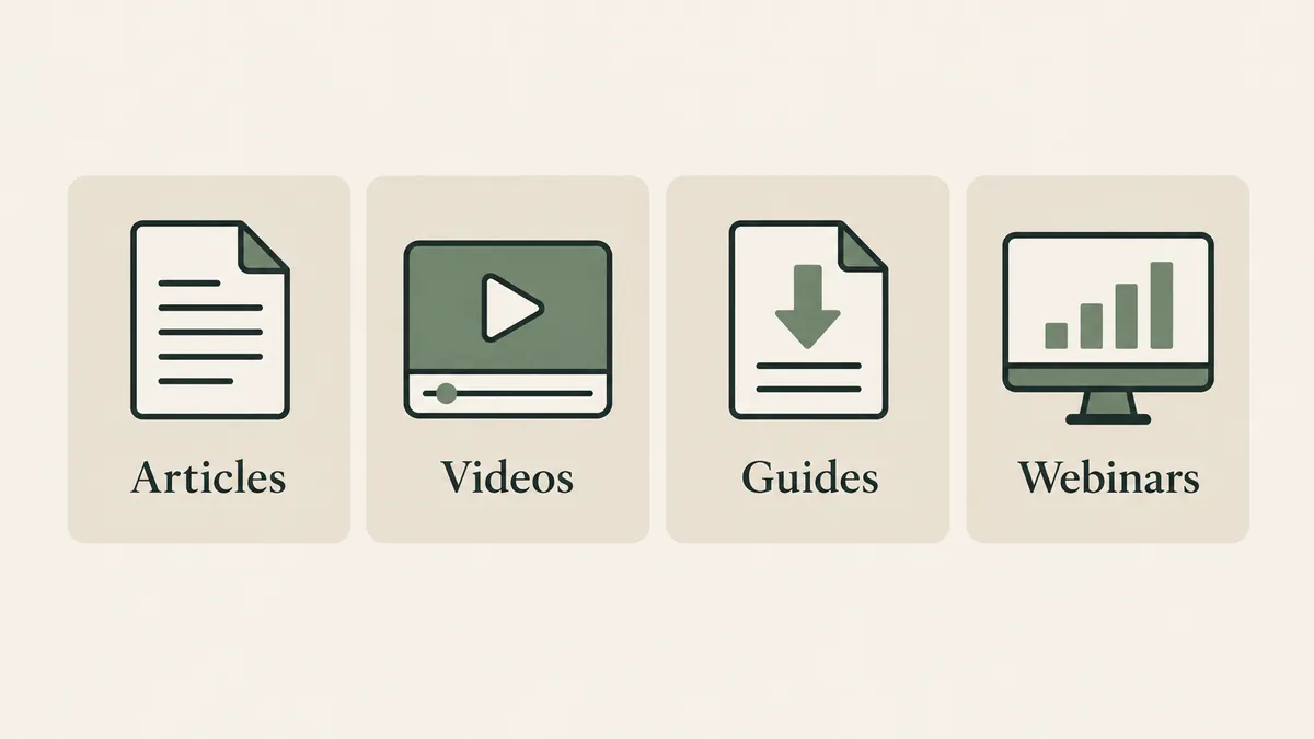 Article, video, downloadable guide and webinar cards show content formats for therapist online marketing.