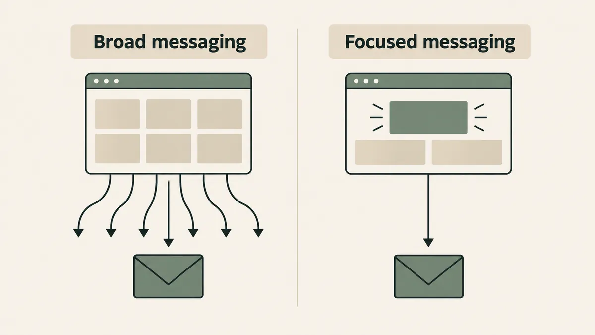 Two webpage panels compare broad and focused messaging to explain the value of choosing a therapy niche.
