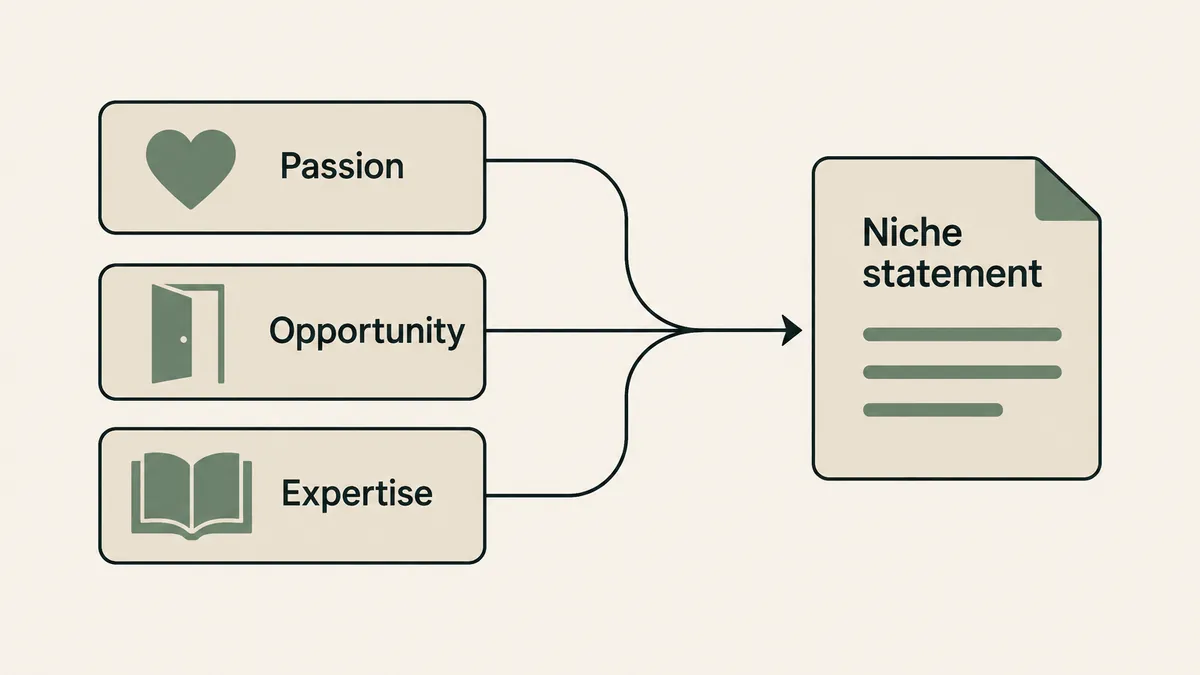 Passion, opportunity and expertise cards merge into one document to guide a focused therapy niche statement.