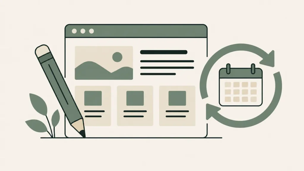 A pencil edits a webpage beside a calendar with refresh arrows, illustrating regular therapist website content updates.