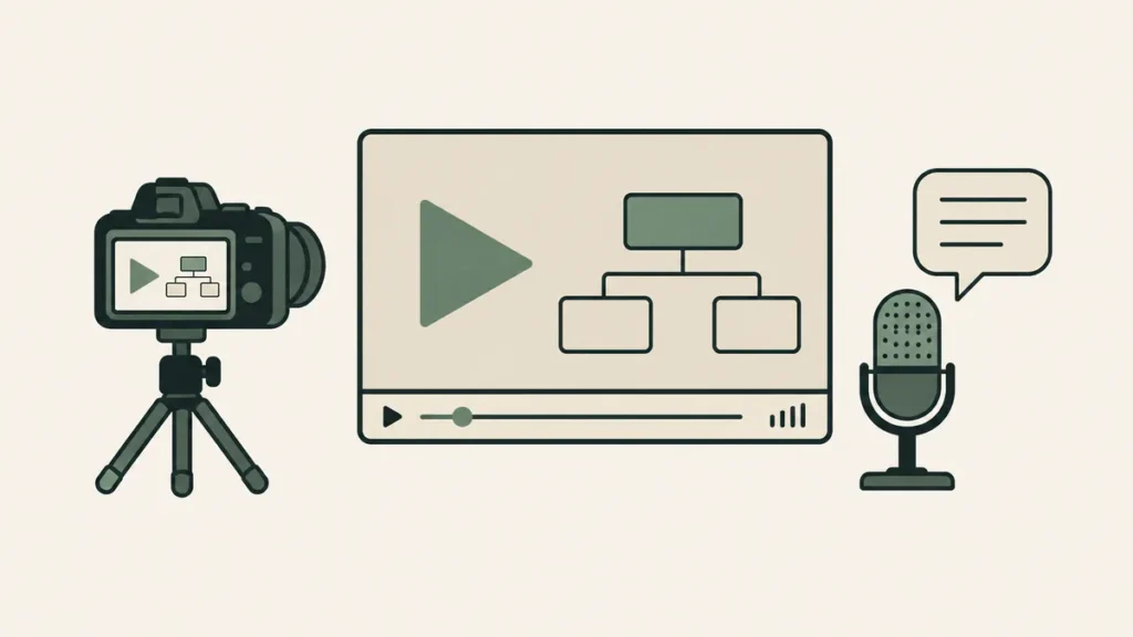Camera, educational video player and microphone illustrate video marketing content for therapy practices.