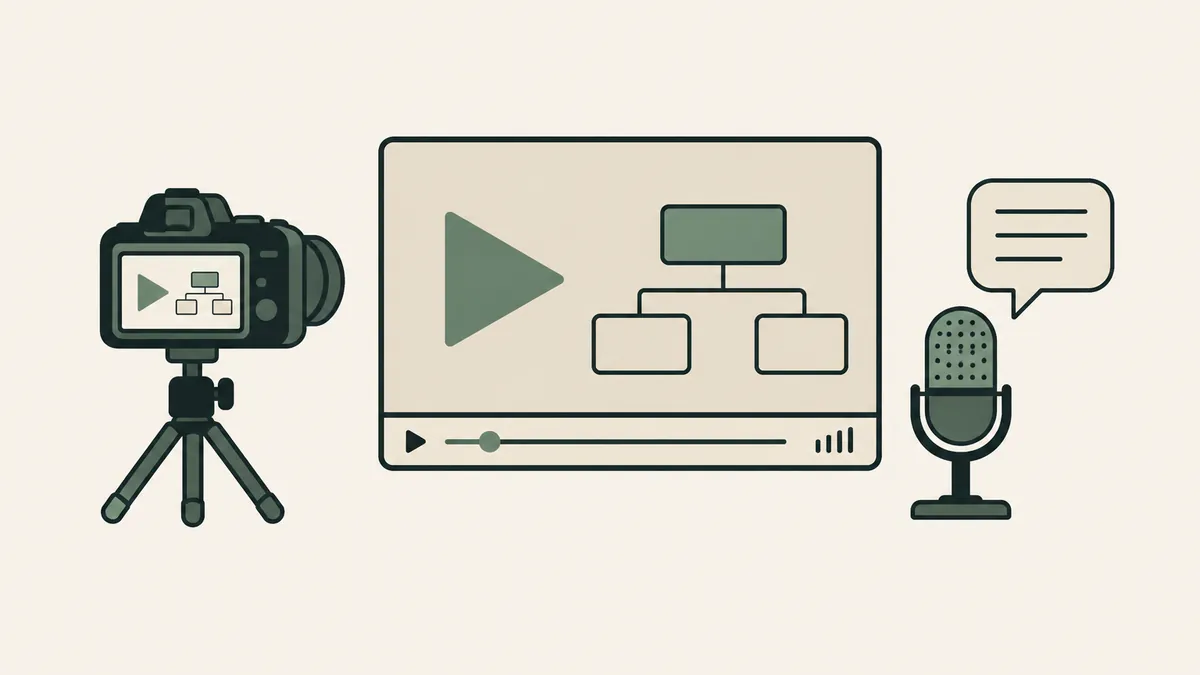Camera, educational video player and microphone illustrate video marketing content for therapy practices.