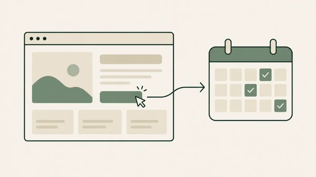 A website button leads to a checked calendar, showing a clear route from a therapy webpage to appointment booking.