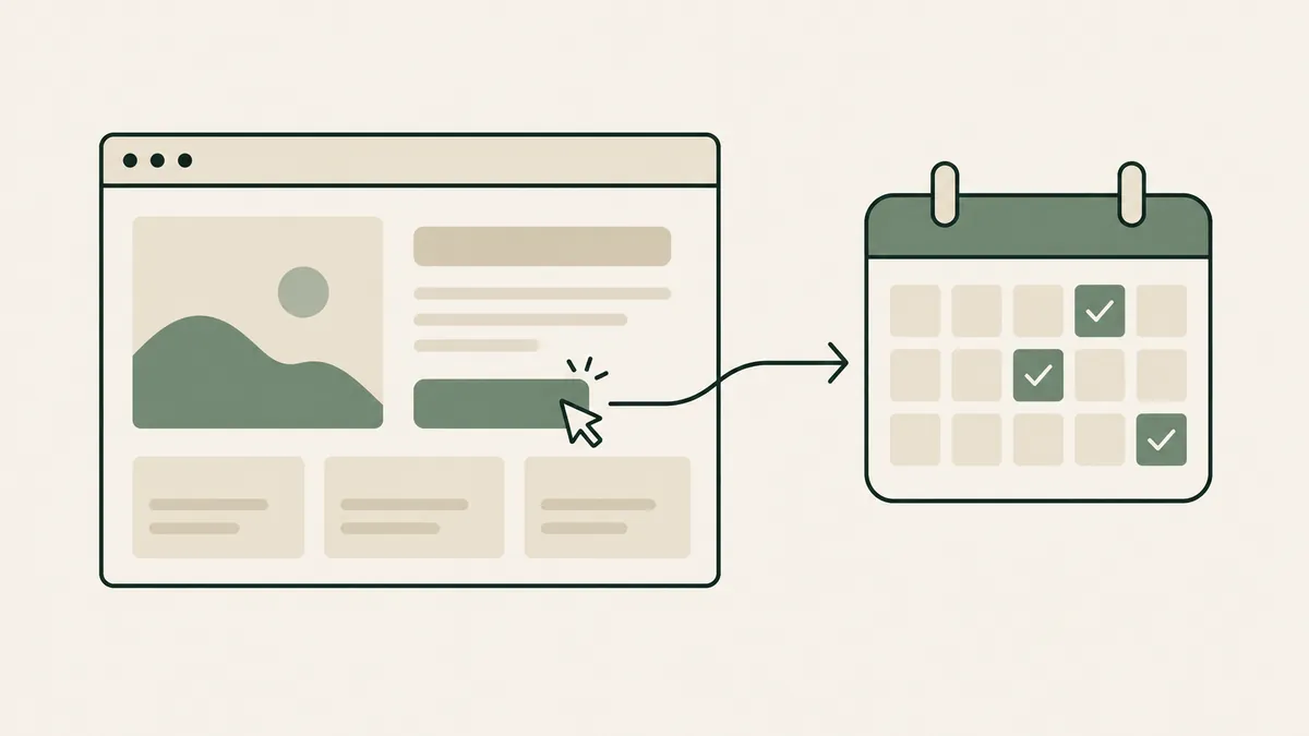 A website button leads to a checked calendar, showing a clear route from a therapy webpage to appointment booking.