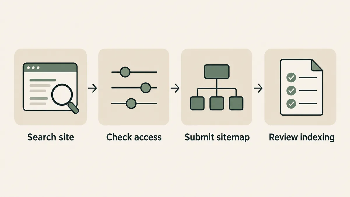 Four connected cards show site search, access checks, sitemap submission and indexing review for website visibility.