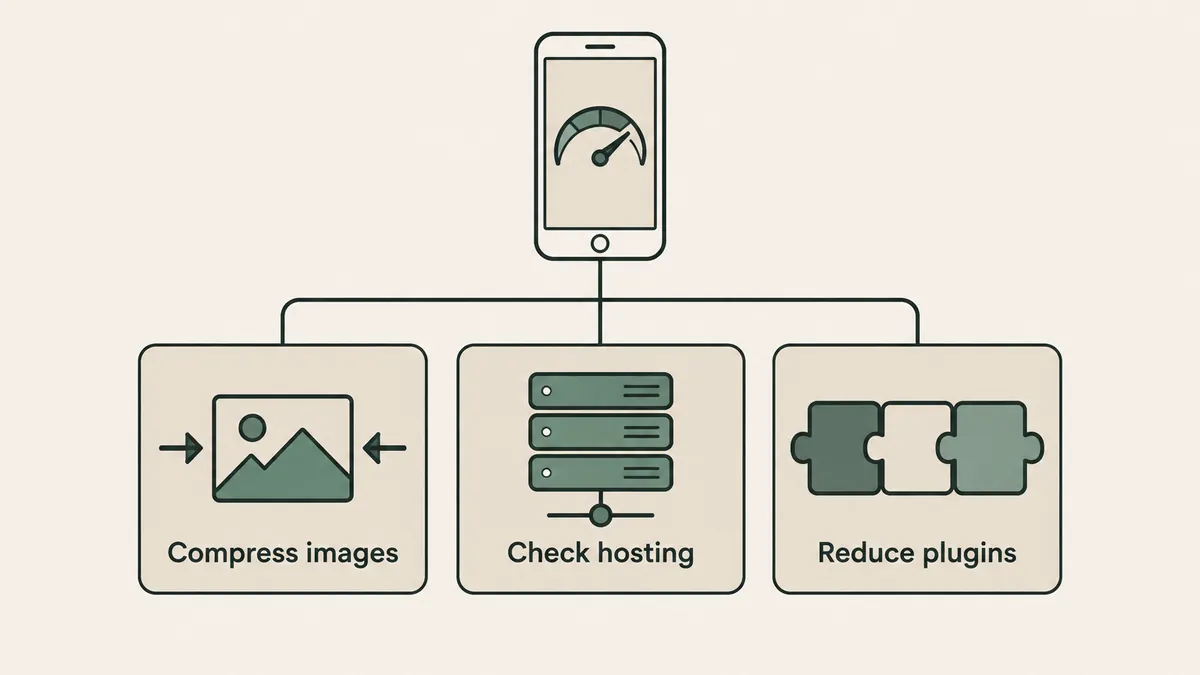 A mobile speed gauge connects to image compression, hosting and plugin checks for a faster therapy website.