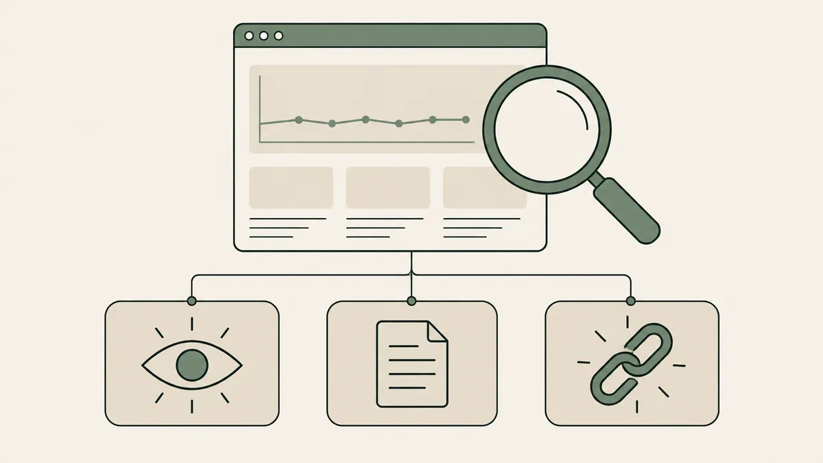 Magnifying glass over a flat traffic chart links to visibility, content and trust checks for a therapy website.