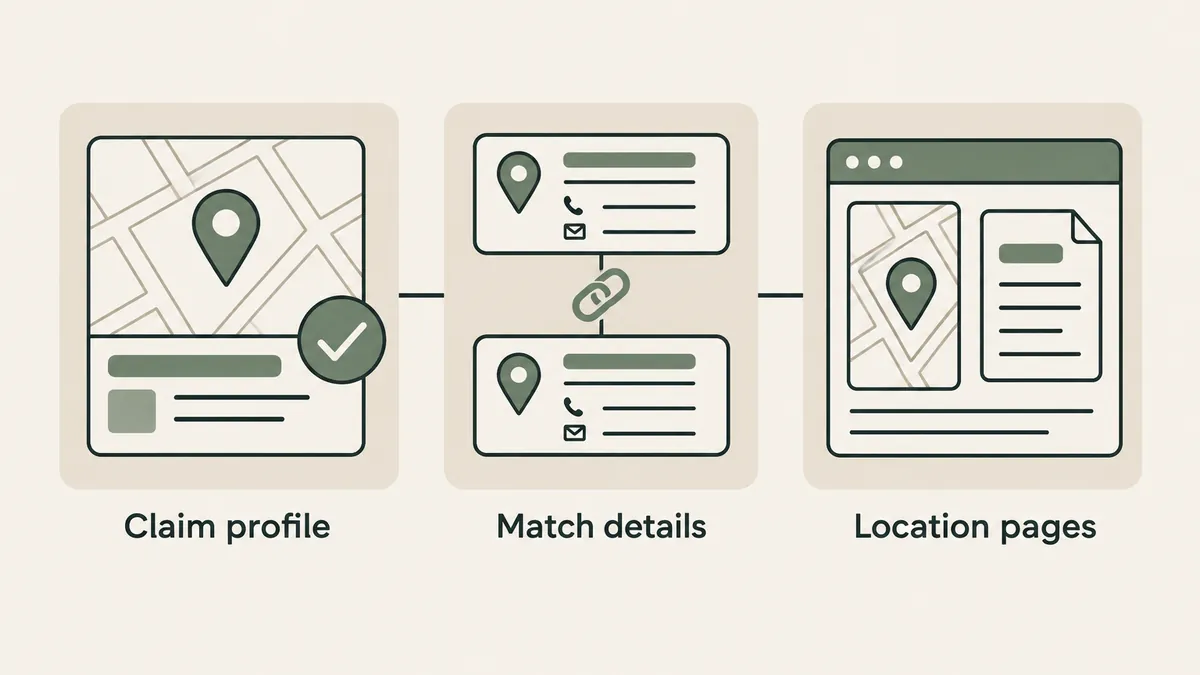 Claimed map profile, matching contact cards and a location page show local SEO foundations for therapy practices.