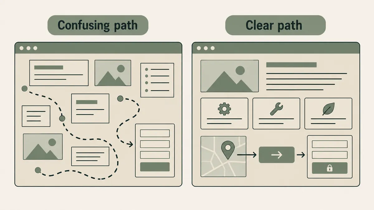 Two webpages contrast confusing navigation with a clear route to secure inquiry for local therapy practice visitors.