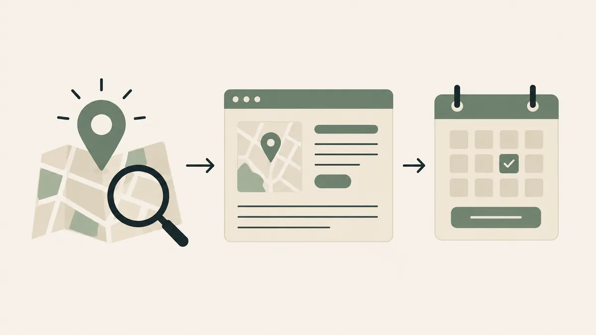 Local map search leads to a location page and booking calendar for a therapy practice's local SEO journey.