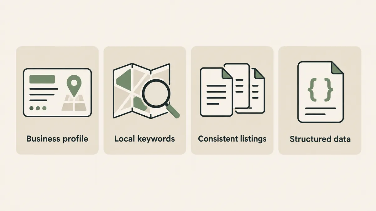 Business profile, local keywords, matching listings and structured data show therapist local SEO foundations.