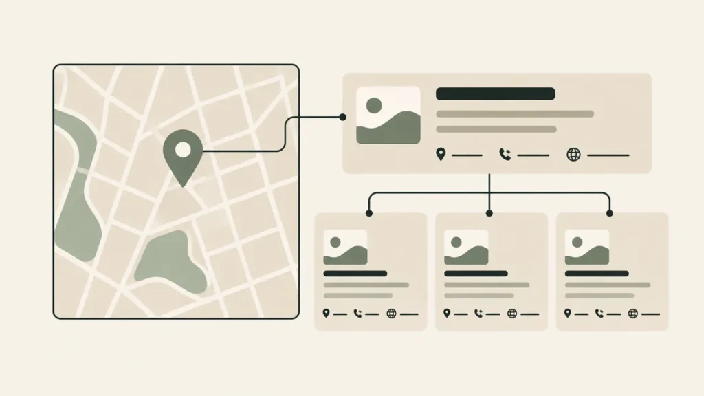 A neighborhood pin connects a local result with matching directory listings, illustrating local SEO for therapists.