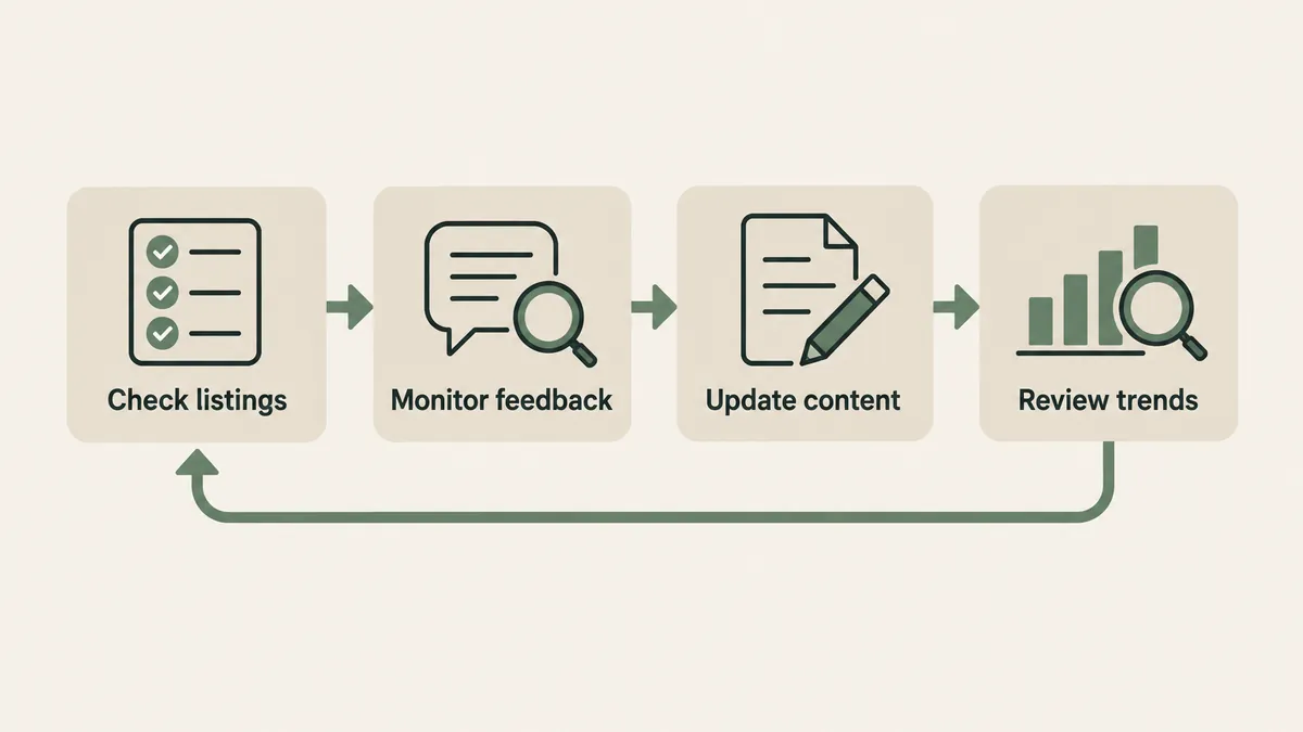 Listings, feedback, content and trend checks form a repeating cycle for maintaining therapist local search visibility.