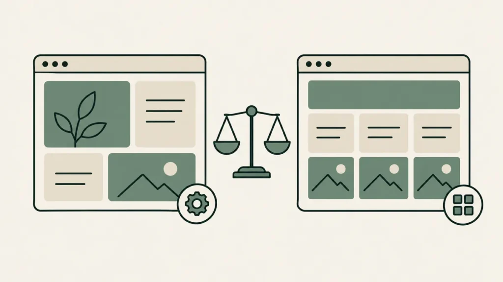 Two website layouts flank a balanced scale, comparing flexible and template-based platforms for therapist websites.