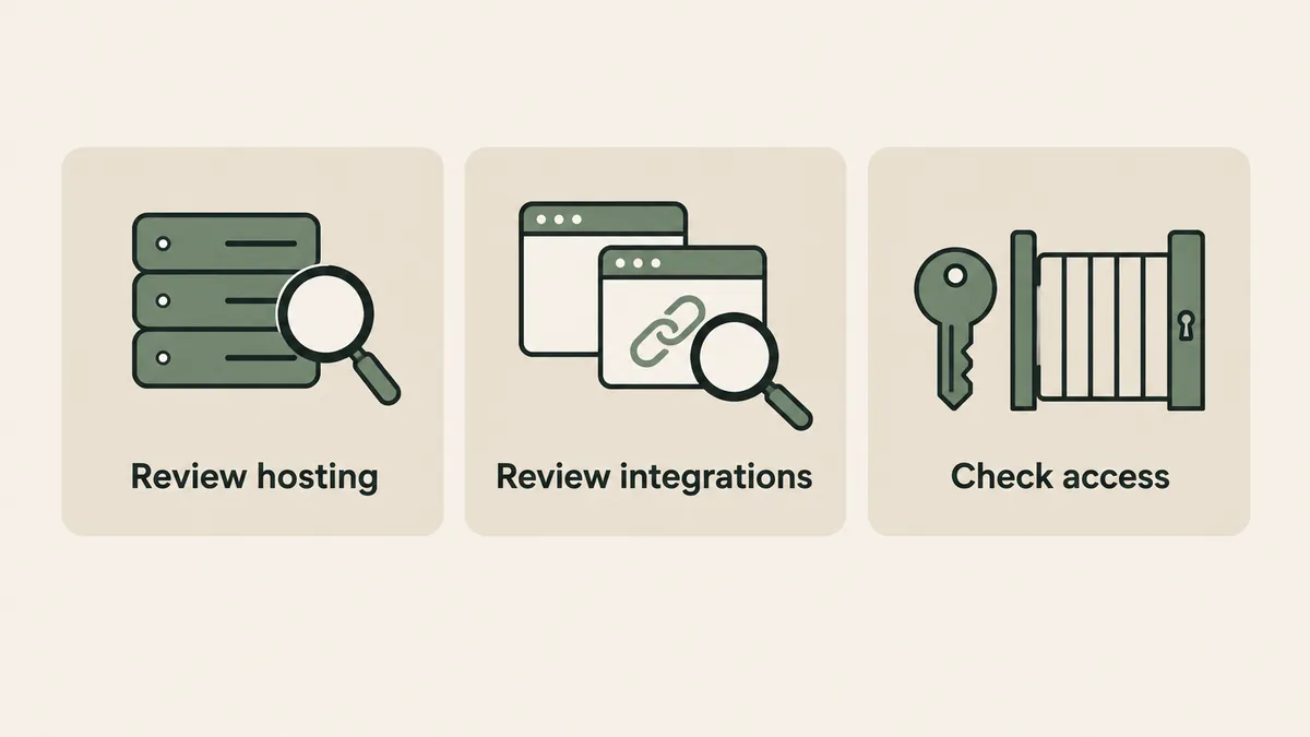 Servers, linked tools and a key illustrate hosting, integration and access reviews for therapist website privacy.