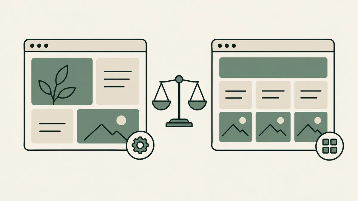 Two website layouts flank a balanced scale, comparing flexible and template-based platforms for therapist websites.